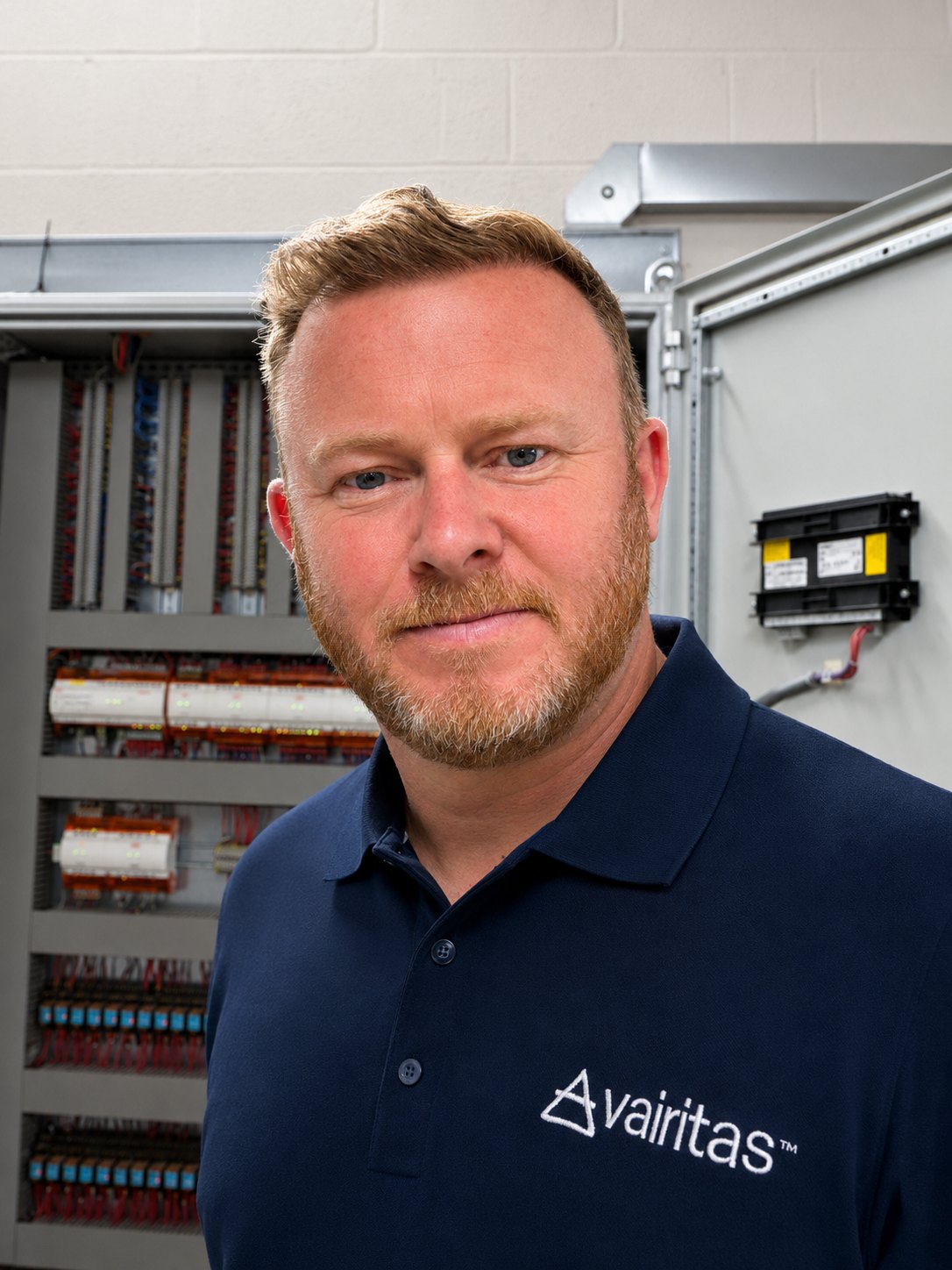 David Williams, chief executive of Vairitas, in front of a building controls panel