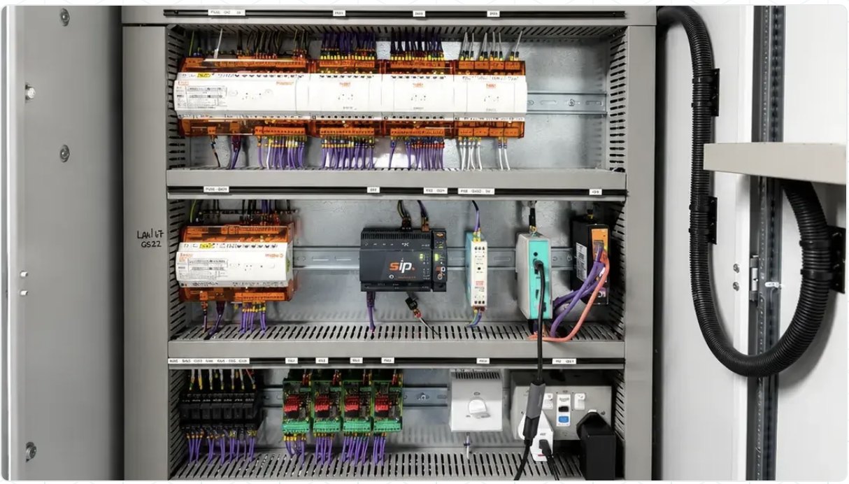Vairitas gateway wired in beside the controllers inside a building control panel